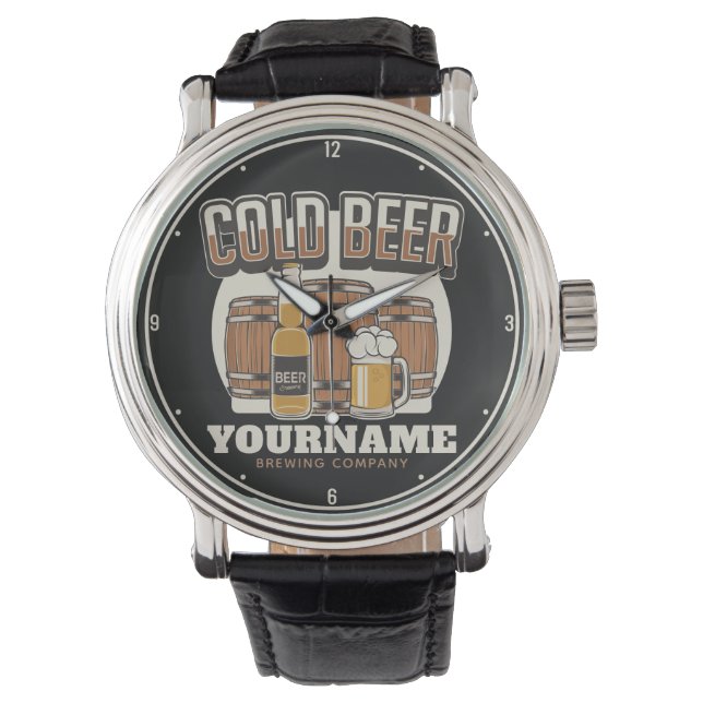 Personalisierte Cold Beer Oak Barrel Brauerei Armbanduhr (Vorderseite)