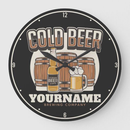 Personalisierte Cold Beer Oak Barrel Brauerei  Große Wanduhr (Vorderseite)