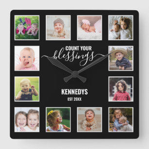 Personalisierte Collage aus 12 Fotos Familien Sege Quadratische Wanduhr