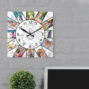 Personalisierte Collage mit 12 Fotos in Grauweißem Quadratische Wanduhr