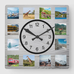 Personalisierte Collage mit 12 Fotos, rustikale Na Quadratische Wanduhr