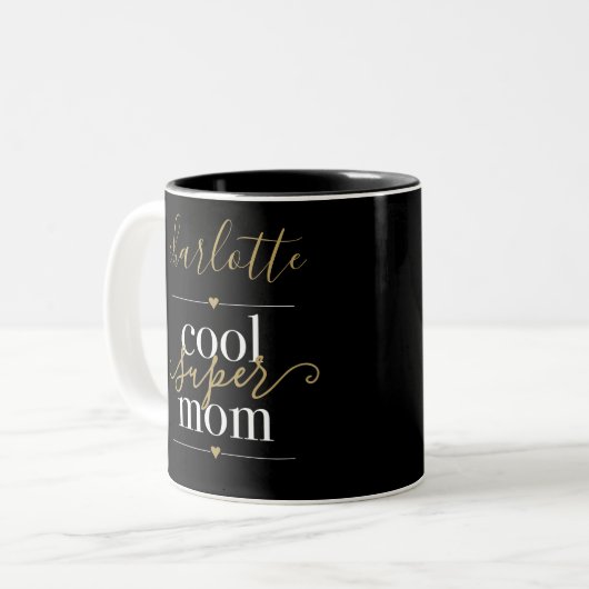 Personalisierte Coole Super Mama Schwarz und Gold Zweifarbige Tasse (Vorderseite Links)