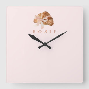 Personalisierte Coquette Croissant Pink Ribbon Quadratische Wanduhr