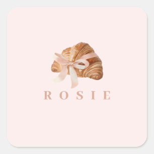Personalisierte Coquette Croissant Pink Ribbon Quadratischer Aufkleber