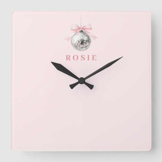 Personalisierte Coquette Diskothek Ball Rosa Band Quadratische Wanduhr (Vorderseite)