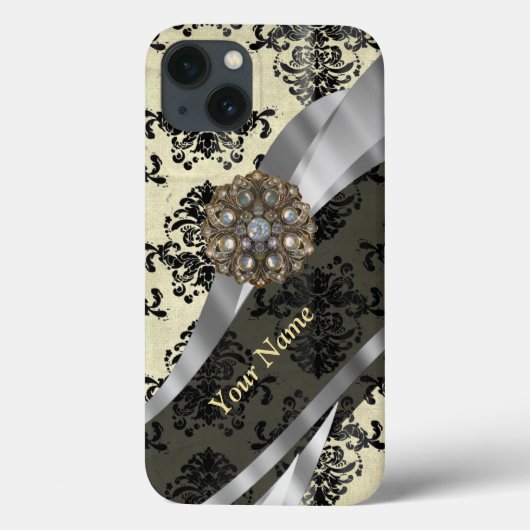 Personalisierte Creme und schwarzer Damast Case-Mate iPhone Hülle (Rückseite)