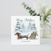 Personalisierte Dachshund-Schlitten-Weihnachtskart (Stehend Vorderseite)