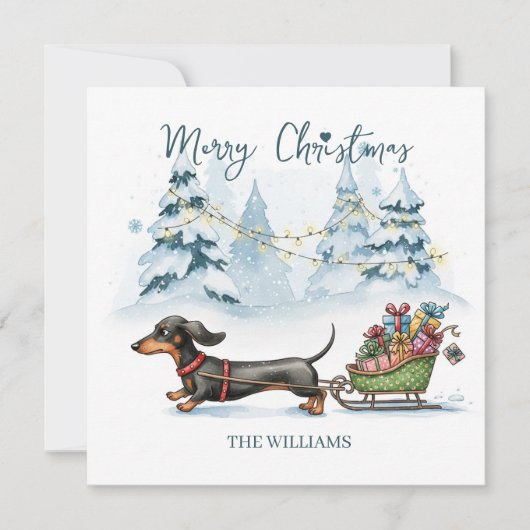 Personalisierte Dachshund-Schlitten-Weihnachtskart (Vorderseite)