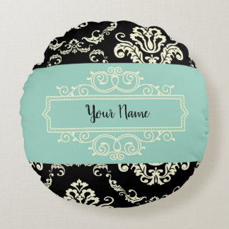 Personalisierte Damaske, grün und schwarz Rundkiss Rundes Kissen