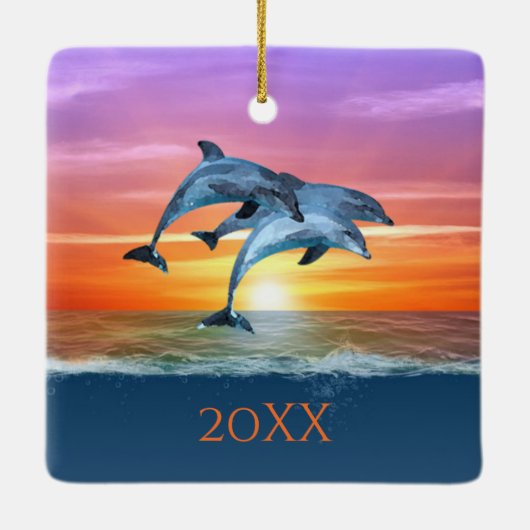 Personalisierte Delphine springen Ozean Weihnachte Keramikornament (Rückseite)