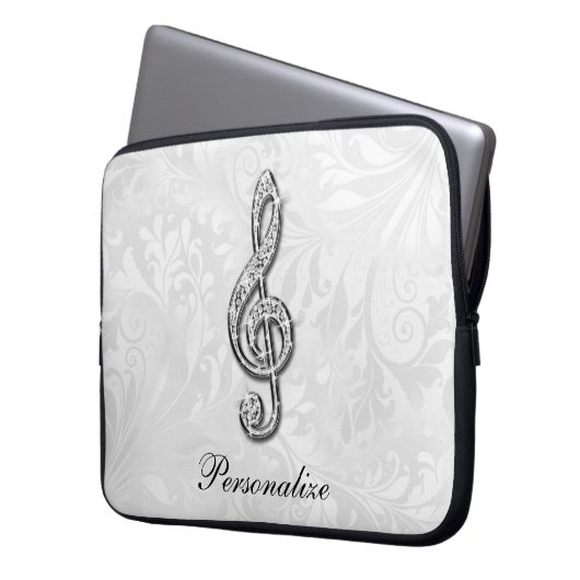 Personalisierte Diamant-Musiknote-Blumendamast Laptopschutzhülle (Vorderseite Links)