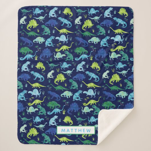 Personalisierte Dinosaurier Blaues Kindermuster Sherpadecke (Vorderseite)