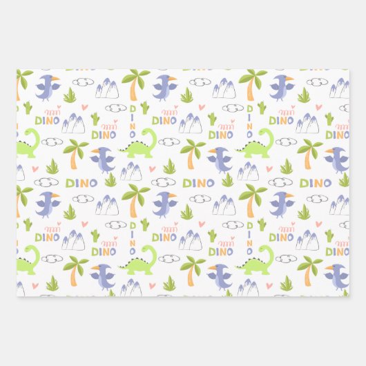Personalisierte Dinosaurier Weiße und Grüne Kinder Geschenkpapier Set (Vorderseite)