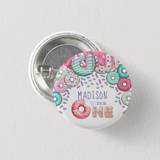Personalisierte Donut Sprinkles zum ersten Geburts Button (Vorne & Hinten)