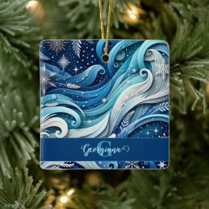 Personalisierte Dreamy Blue und Frosty Winter Wirb Keramikornament