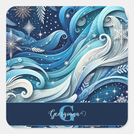 Personalisierte Dreamy Blue und Frosty Winter Wirb Quadratischer Aufkleber (Vorderseite)