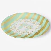 Personalisierte Duschplatte, grün und goldgestrich Pappteller (Schrägansicht)