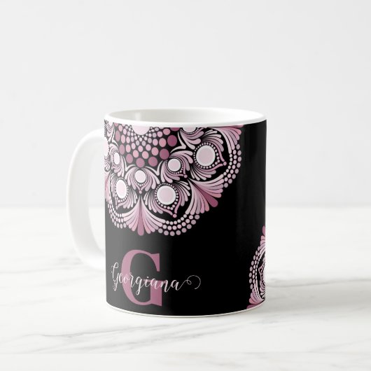 Personalisierte Dusky Rose Boho Floral Dot Mandala Kaffeetasse (Vorderseite Links)