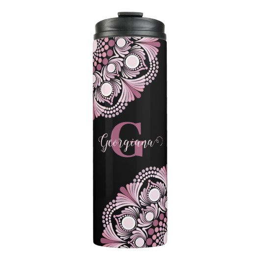 Personalisierte Dusky Rose Boho Floral Dot Mandala Thermosbecher (Vorderseite)