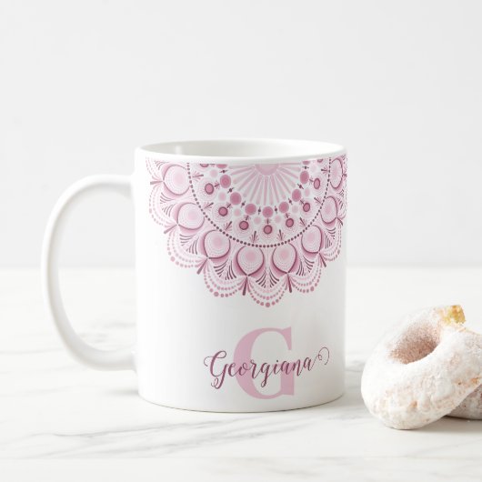 Personalisierte Dusky Rose Confetti Lace Dot Manda Kaffeetasse (Mit Donut)
