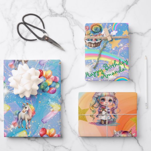 personalisierte Einhorn-Geschenkpackung zum 7. Geb Geschenkpapier Set (Vorderseite)