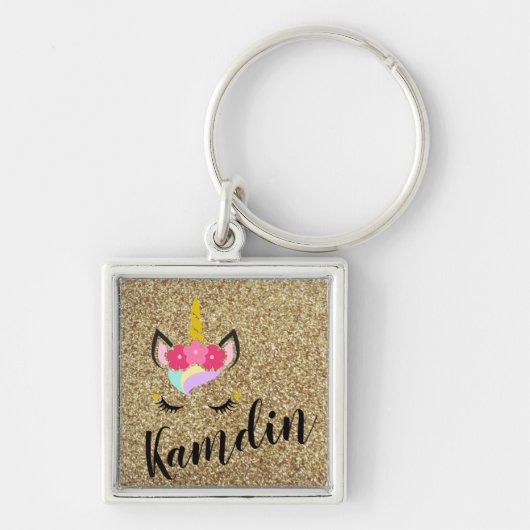 Personalisierte Einhorn Gold Glitzer Schlüsselkett Schlüsselanhänger (Vorne)
