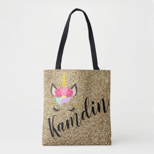 Personalisierte Einhorn Gold Glitzer Tote Tasche (Vorderseite)