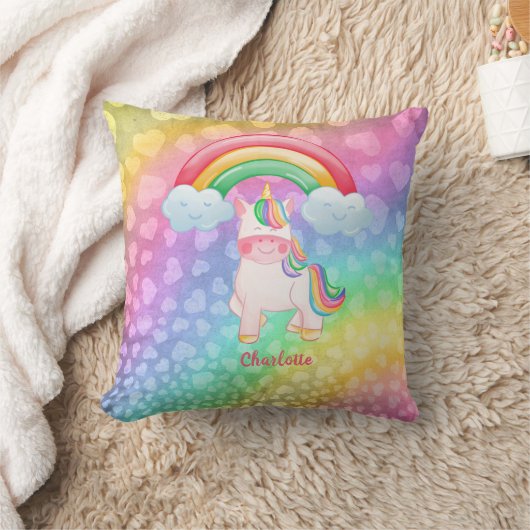 Personalisierte Einhorn-Regenbogenherzen Kissen (Decke)