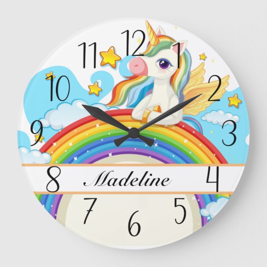 Personalisierte Einhorn- und Regenbogenfarben Große Wanduhr (Vorderseite)