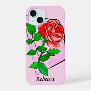 Personalisierte einzelne rote Rose Kunst iPhone 15 Hülle