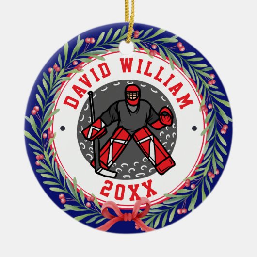 Personalisierte Eishockey-Spieler Weihnachtsgesche Keramik Ornament (Vorne)