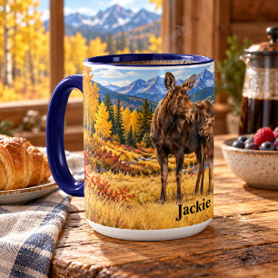 Personalisierte Elchmutter und -kalb im Herbst Tasse