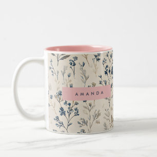 Personalisierte Elegant Blue & Beige Wildblume Zweifarbige Tasse