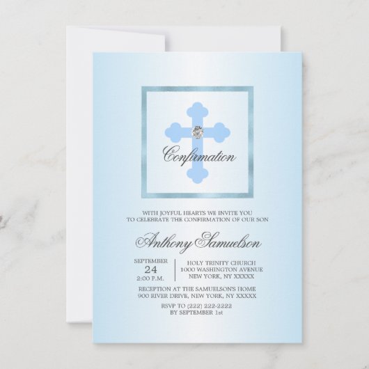 Personalisierte Elegant Blue Cross BestätigungsBOY Einladung (Vorderseite)