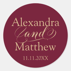 Personalisierte Elegant Burgundy Gold Wedding Runder Aufkleber