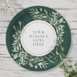 Personalisierte Elegant Emerald Gold Greenery Pappteller<br><div class="desc">Diese elegante botanische Papiertafel mit zarten,  weichen Aquarellfarben-Blätter auf smaragdgrünem Hintergrund kann mit Ihrem besonderen Set in elegantem Text personalisiert werden. Ideal für Hochzeiten,  Brautpartys,  Babyduschen,  Taufe,  Verlobungsfeiern,  Jubiläumsfeiern und Geburtstagsfeiern. Entwickelt von Thisisnotme©</div>