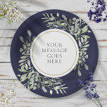 Personalisierte Elegant Navy Blue Gold Green Pappteller<br><div class="desc">Diese schicke botanische Papiertafel mit zarten,  weichen Aquarellfarben-Blätter auf marineblau-blauem Hintergrund kann mit Ihrem besonderen Set in elegantem Text personalisiert werden. Ideal für Hochzeiten,  Brautpartys,  Babyduschen,  Taufe,  Verlobungsfeiern,  Jubiläumsfeiern und Geburtstagsfeiern. Entwickelt von Thisisnotme©</div>