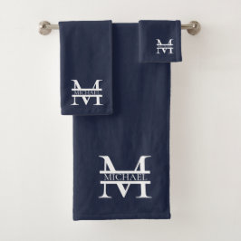 Personalisierte Elegant Navy Blue Monogram und Nam Badhandtuch Set
