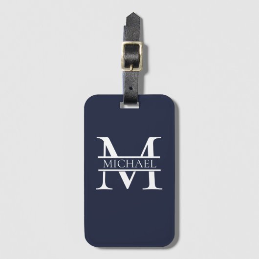 Personalisierte Elegant Navy Blue Monogram und Nam Gepäckanhänger (Vorderseite Vertikal)