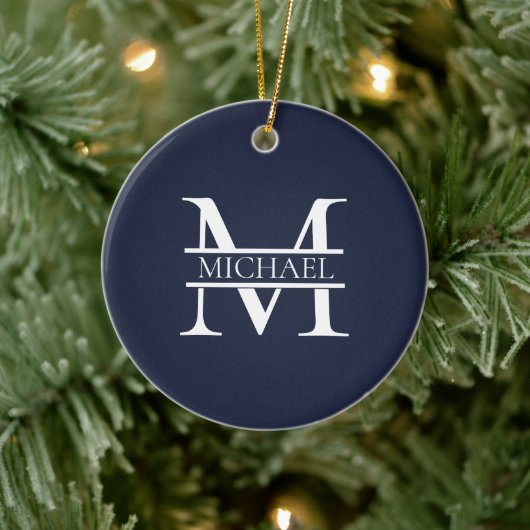 Personalisierte Elegant Navy Blue Monogram und Nam Keramik Ornament (Baum)