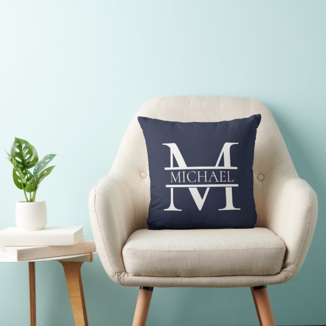 Personalisierte Elegant Navy Blue Monogram und Nam Kissen (Stuhl )