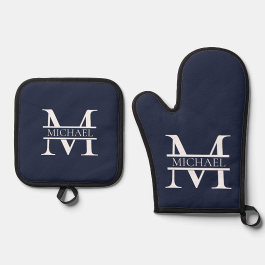 Personalisierte Elegant Navy Blue Monogram und Nam Ofenhandschuh & Topflappen-Set (Vorderseite)