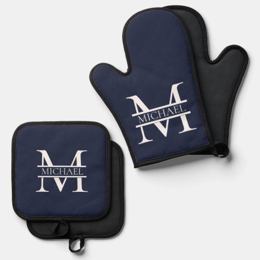 Personalisierte Elegant Navy Blue Monogram und Nam Ofenhandschuh & Topflappen-Set (Vorderseite/Rückseite)