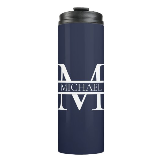 Personalisierte Elegant Navy Blue Monogram und Nam Thermosbecher (Vorderseite)
