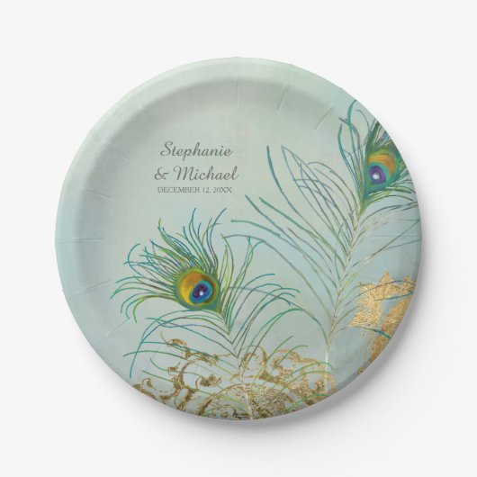Personalisierte Elegante Pfauenfeathers Gold Weddi Pappteller (Vorderseite)