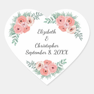 Personalisierte elegante rosa und grüne Floral  Herz-Aufkleber