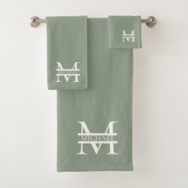 Personalisierte elegante Sage Green Monogram & Nam Badhandtuch Set