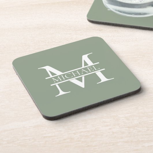 Personalisierte elegante Sage Green Monogram & Nam Getränkeuntersetzer (Linke Seite)