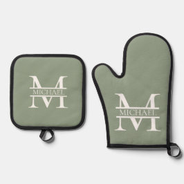 Personalisierte elegante Sage Green Monogram & Nam Ofenhandschuh & Topflappen-Set