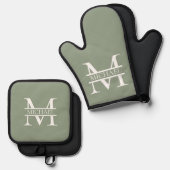 Personalisierte elegante Sage Green Monogram & Nam Ofenhandschuh & Topflappen-Set (Vorderseite/Rückseite)